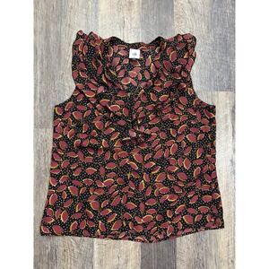 Cabi 4071 Ruffle V-Neck Sleeveless Blouse Black Burgundy Leaf Print Polka Dot M